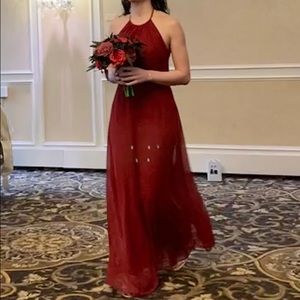 Burgundy Halter Tie-Back Bridesmaid Dress Wedding Guest Gown XS